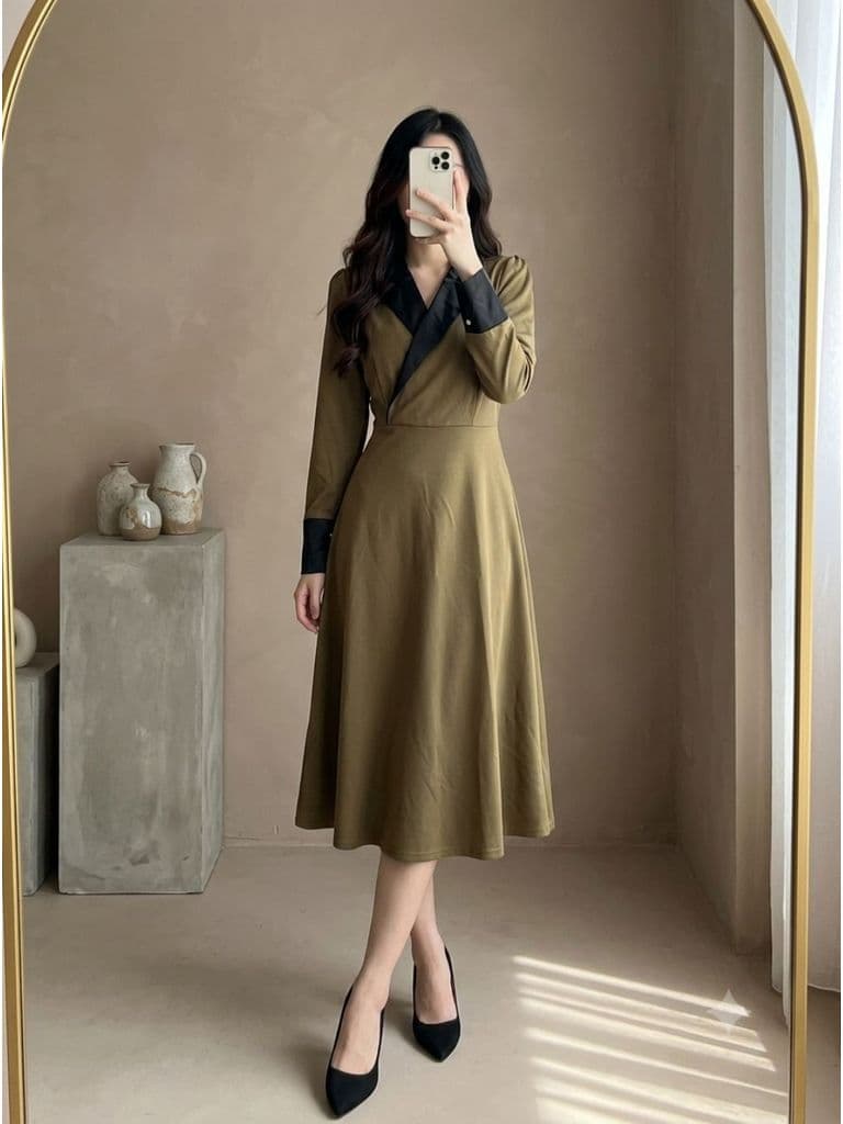 [2hand] Đầm umi xanh rêu phối lụa co giãn nhẹ size L XL