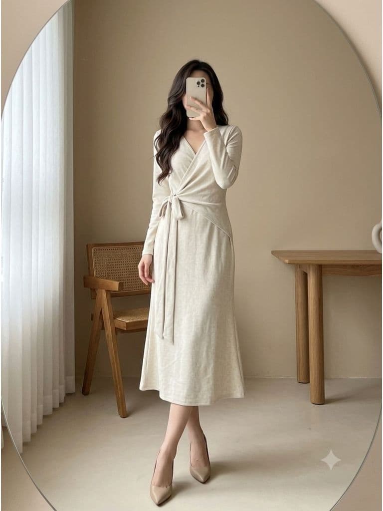 [2hand] Đầm len dệt kem be muối tiêu vạt chéo buộc lệch eo freesize đến L