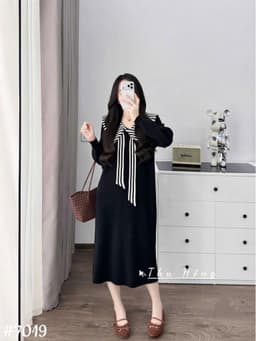 <Đầm bầu Quynhanhhouse> (QC) #7019 Váy len thuỷ thủ cổ nơ kẻ Free sz đen/ghi Bầu bí bon chen 5