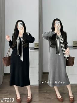 <Đầm bầu Quynhanhhouse> (QC) #7019 Váy len thuỷ thủ cổ nơ kẻ Free sz đen/ghi Bầu bí bon chen 1