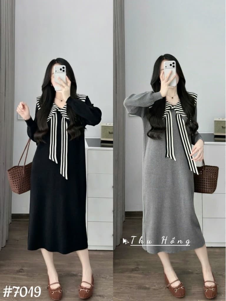<Đầm bầu Quynhanhhouse> (QC) #7019 Váy len thuỷ thủ cổ nơ kẻ Free sz đen/ghi Bầu bí bon chen