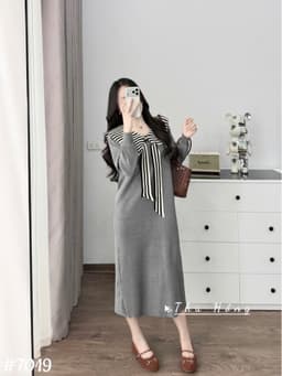 <Đầm bầu Quynhanhhouse> (QC) #7019 Váy len thuỷ thủ cổ nơ kẻ Free sz đen/ghi Bầu bí bon chen 8