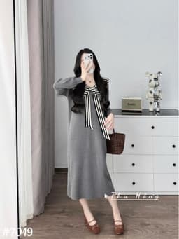 <Đầm bầu Quynhanhhouse> (QC) #7019 Váy len thuỷ thủ cổ nơ kẻ Free sz đen/ghi Bầu bí bon chen 9