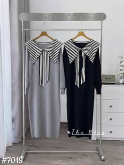 <Đầm bầu Quynhanhhouse> (QC) #7019 Váy len thuỷ thủ cổ nơ kẻ Free sz đen/ghi Bầu bí bon chen 4