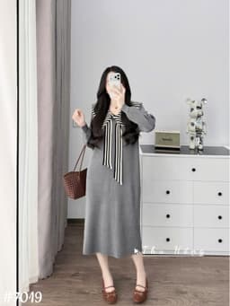 <Đầm bầu Quynhanhhouse> (QC) #7019 Váy len thuỷ thủ cổ nơ kẻ Free sz đen/ghi Bầu bí bon chen 6