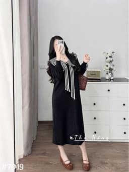 <Đầm bầu Quynhanhhouse> (QC) #7019 Váy len thuỷ thủ cổ nơ kẻ Free sz đen/ghi Bầu bí bon chen 7
