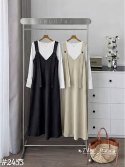 <Đầm bầu Quynhanhhouse> (QC) #2453 Set váy yếm cổ tim kèm áo Free sz be/đen Bầu bí bao đẹp 8