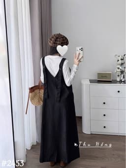 <Đầm bầu Quynhanhhouse> (QC) #2453 Set váy yếm cổ tim kèm áo Free sz be/đen Bầu bí bao đẹp 9