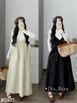 <Đầm bầu Quynhanhhouse> (QC) #2453 Set váy yếm cổ tim kèm áo Free sz be/đen Bầu bí bao đẹp 1
