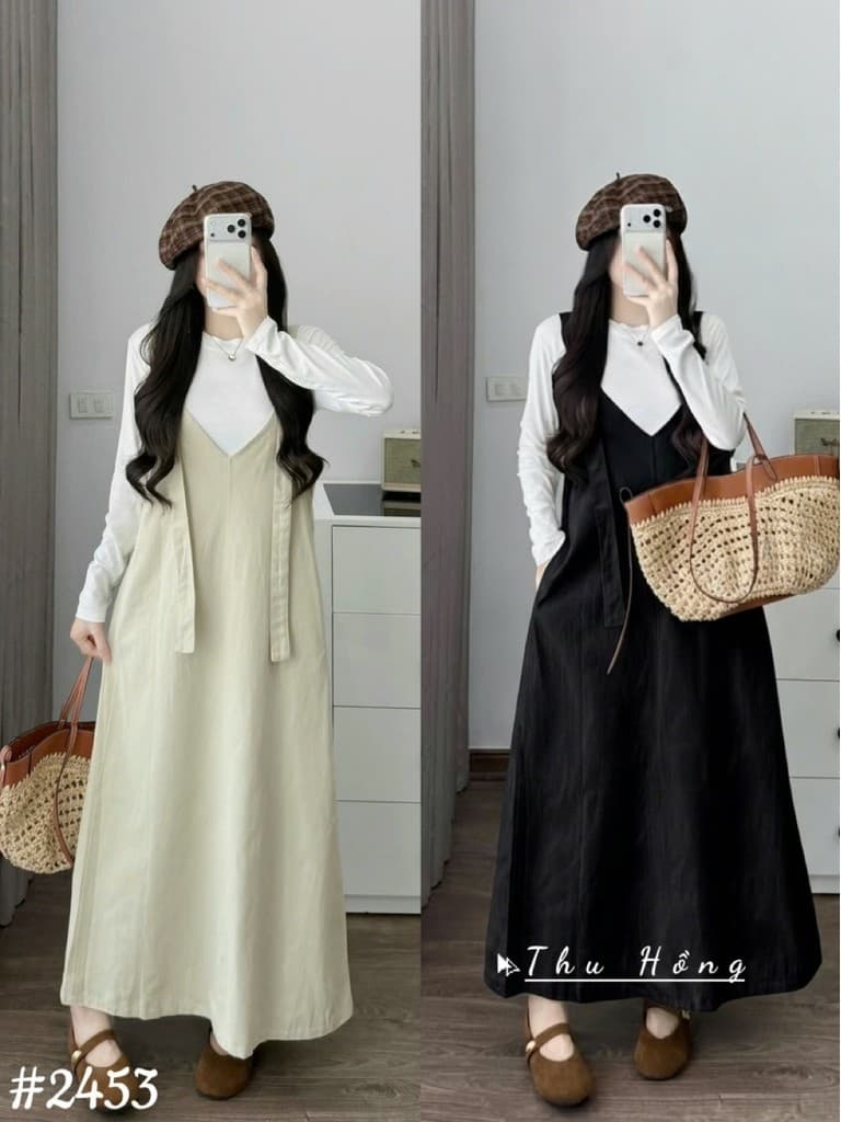 <Đầm bầu Quynhanhhouse> (QC) #2453 Set váy yếm cổ tim kèm áo Free sz be/đen Bầu bí bao đẹp