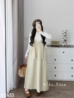 <Đầm bầu Quynhanhhouse> (QC) #2453 Set váy yếm cổ tim kèm áo Free sz be/đen Bầu bí bao đẹp 7