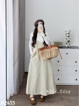<Đầm bầu Quynhanhhouse> (QC) #2453 Set váy yếm cổ tim kèm áo Free sz be/đen Bầu bí bao đẹp 5