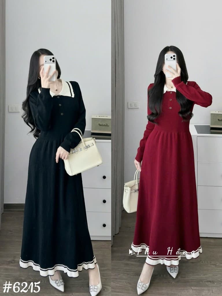 <Đầm bầu Quynhanhhouse> (QC) #6215 Váy cổ be viền bèo Free sz đen/đỏ Bầu bí bon chen