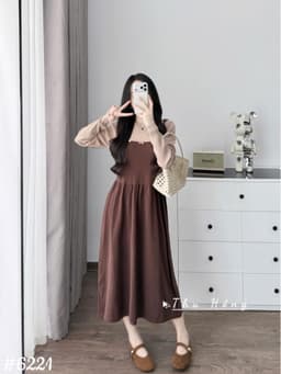 <Đầm bầu Quynhanhhouse> (QC) #6221 Váy giả yếm khuy mèo Free sz nâu/đen Bầu bí bon chen 3