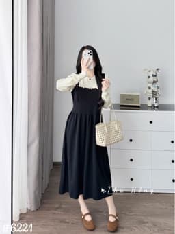 <Đầm bầu Quynhanhhouse> (QC) #6221 Váy giả yếm khuy mèo Free sz nâu/đen Bầu bí bon chen 8
