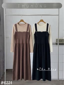<Đầm bầu Quynhanhhouse> (QC) #6221 Váy giả yếm khuy mèo Free sz nâu/đen Bầu bí bon chen 6