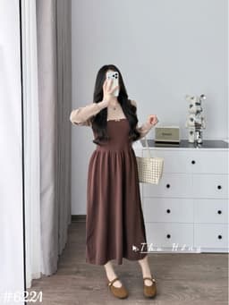 <Đầm bầu Quynhanhhouse> (QC) #6221 Váy giả yếm khuy mèo Free sz nâu/đen Bầu bí bon chen 7