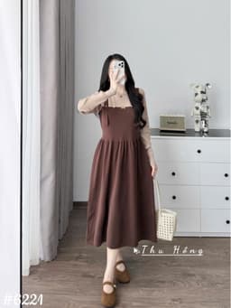 <Đầm bầu Quynhanhhouse> (QC) #6221 Váy giả yếm khuy mèo Free sz nâu/đen Bầu bí bon chen 5