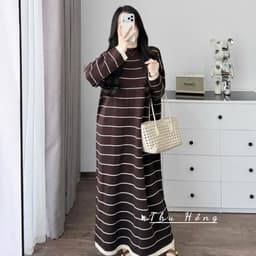 <Đầm bầu Quynhanhhouse> (Qc) #159 Váy kẻ 3p xuông rộng Free sz nâu/be/đen Bầu bí bao xinh 6