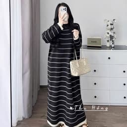 <Đầm bầu Quynhanhhouse> (Qc) #159 Váy kẻ 3p xuông rộng Free sz nâu/be/đen Bầu bí bao xinh 8