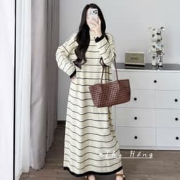 <Đầm bầu Quynhanhhouse> (Qc) #159 Váy kẻ 3p xuông rộng Free sz nâu/be/đen Bầu bí bao xinh 7