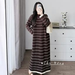 <Đầm bầu Quynhanhhouse> (Qc) #159 Váy kẻ 3p xuông rộng Free sz nâu/be/đen Bầu bí bao xinh 9