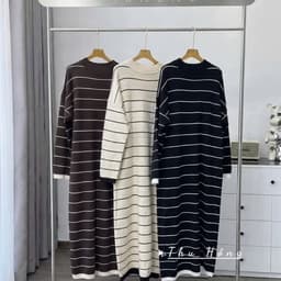 <Đầm bầu Quynhanhhouse> (Qc) #159 Váy kẻ 3p xuông rộng Free sz nâu/be/đen Bầu bí bao xinh 5