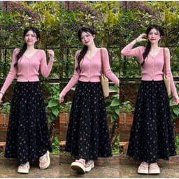 Set áo thun tăm cài nút tay dài và chân váy maxi xoè 6