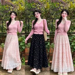 Set áo thun tăm cài nút tay dài và chân váy maxi xoè 1