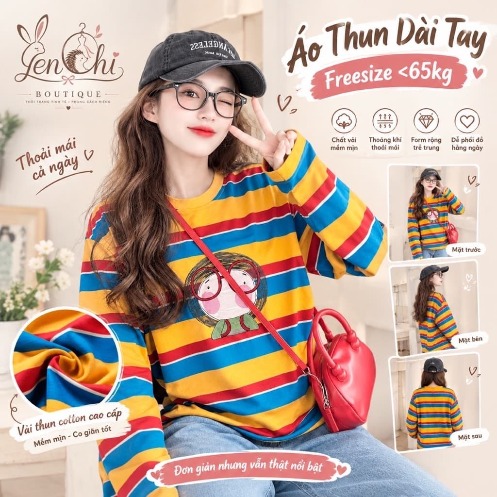 Áo Thun Nữ Tay Dài Kẻ Sọc Ngang In Hình Hoạt Hình Dễ Thương Freesize <65kg – Yenchiboutique