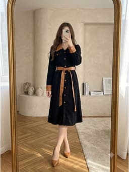 [2hand] Đầm nhung tăm đen phối da nâu bò kèm đai khoác được freesize đến L 1