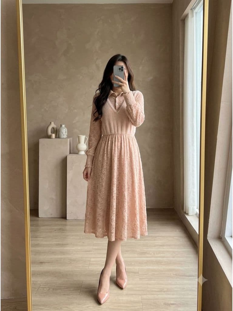 [2hand] Đầm len ren hồng 2 lớp phối lông thỏ eo chun freesize đến XL