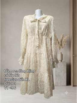 [2hand] Đầm ren lông bling kem be có lớp lót eo chun cổ buộc nơ freesize đến XL 2