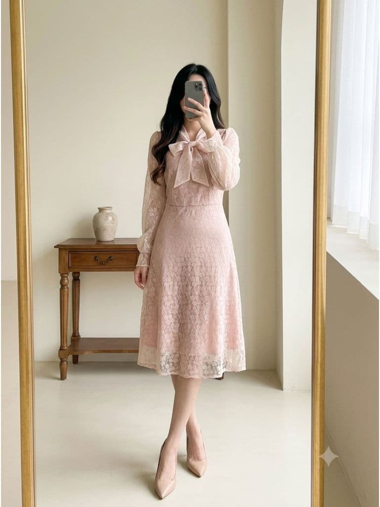 [2hand ] Đầm ren hồng voan lưới lót voan cát cổ buộc nơ khoá sườn size L