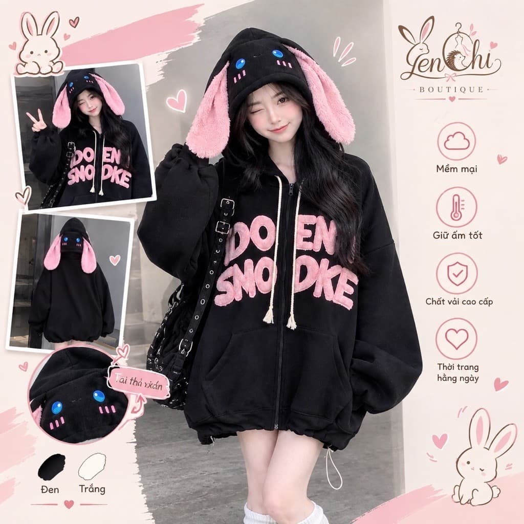 Áo Khoác Nỉ Tai Thỏ Hồng .Hoodie zip chất nỉ 2 da form rộng unisex