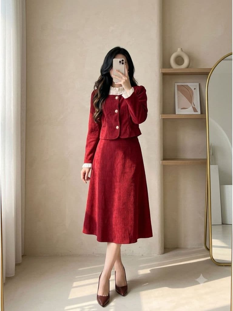 Đầm nhung tăm co giãn đỏ phối voan và ren lông thỏ cúc đá size XL ấp màu nhẹ bên trong