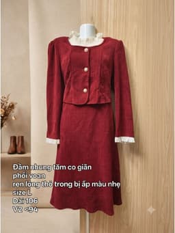 Đầm nhung tăm co giãn đỏ phối voan và ren lông thỏ cúc đá size XL ấp màu nhẹ bên trong 2