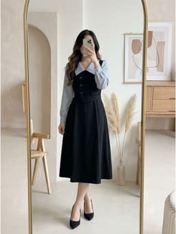 [2hand] Đầm nỉ nhung đen phối tay sơ mi xanh pastel size 2XL khoá sườn 1