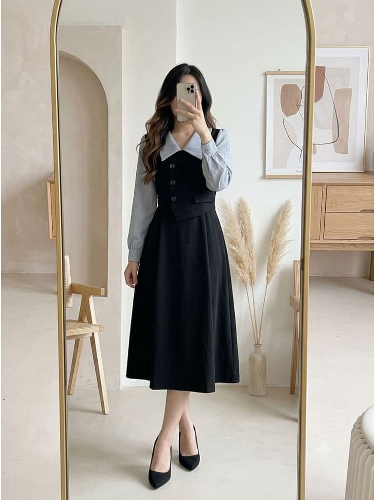 [2hand] Đầm nỉ nhung đen phối tay sơ mi xanh pastel size 2XL khoá sườn