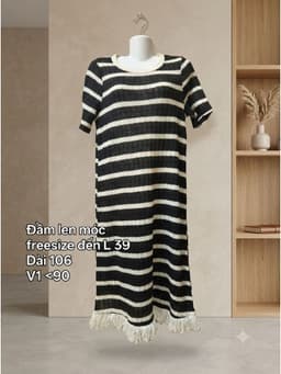 [2hand] Đầm len móc cộc tay kẻ ngang tua rua freesize đến L 2