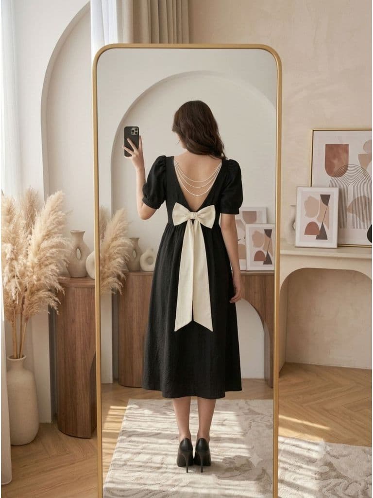 [2hand] Đầm tafta đen tay bồng hở lưng dây ngọc nơ sau size S M nhỏ