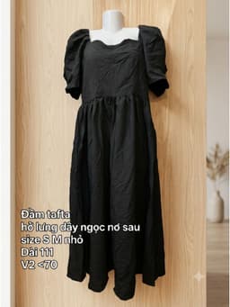 [2hand] Đầm tafta đen tay bồng hở lưng dây ngọc nơ sau size S M nhỏ 2