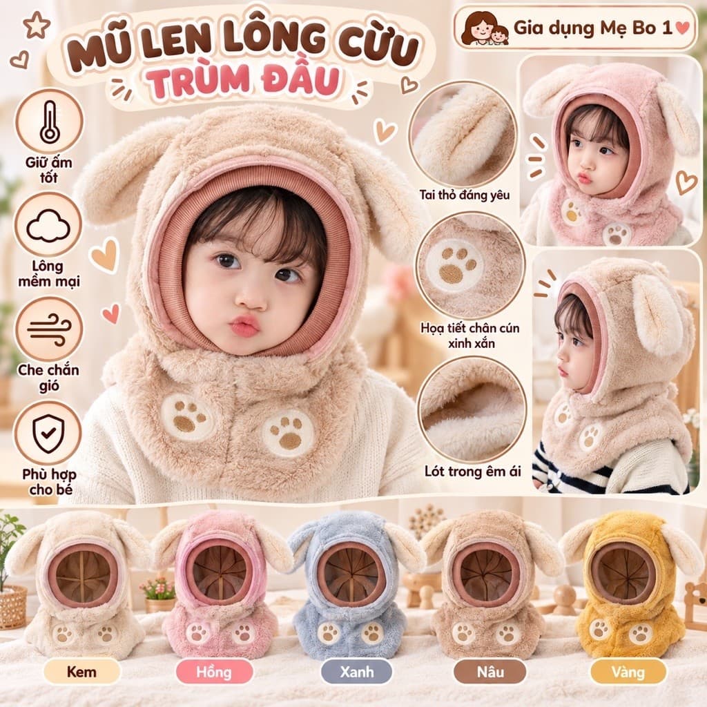 Mũ Len Lông Cừu Trùm Đầu Kèm Kính Chắn Gió Chống Bụi Bảo Vệ Bé🍀FREESHIP🍀Nón Len Mềm Mịn 2in1 Cho Bé