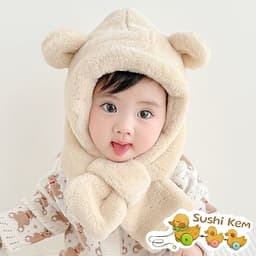 Mũ Trẻ Em Lông Xù Hình Gấu Shushi Liền Khăn Quàng – Mũ Giữ Ấm Mùa Đông Cho Bé 1–5 Tuổi, Chất Lông Mềm Dày, Nhiều Màu Dễ 3