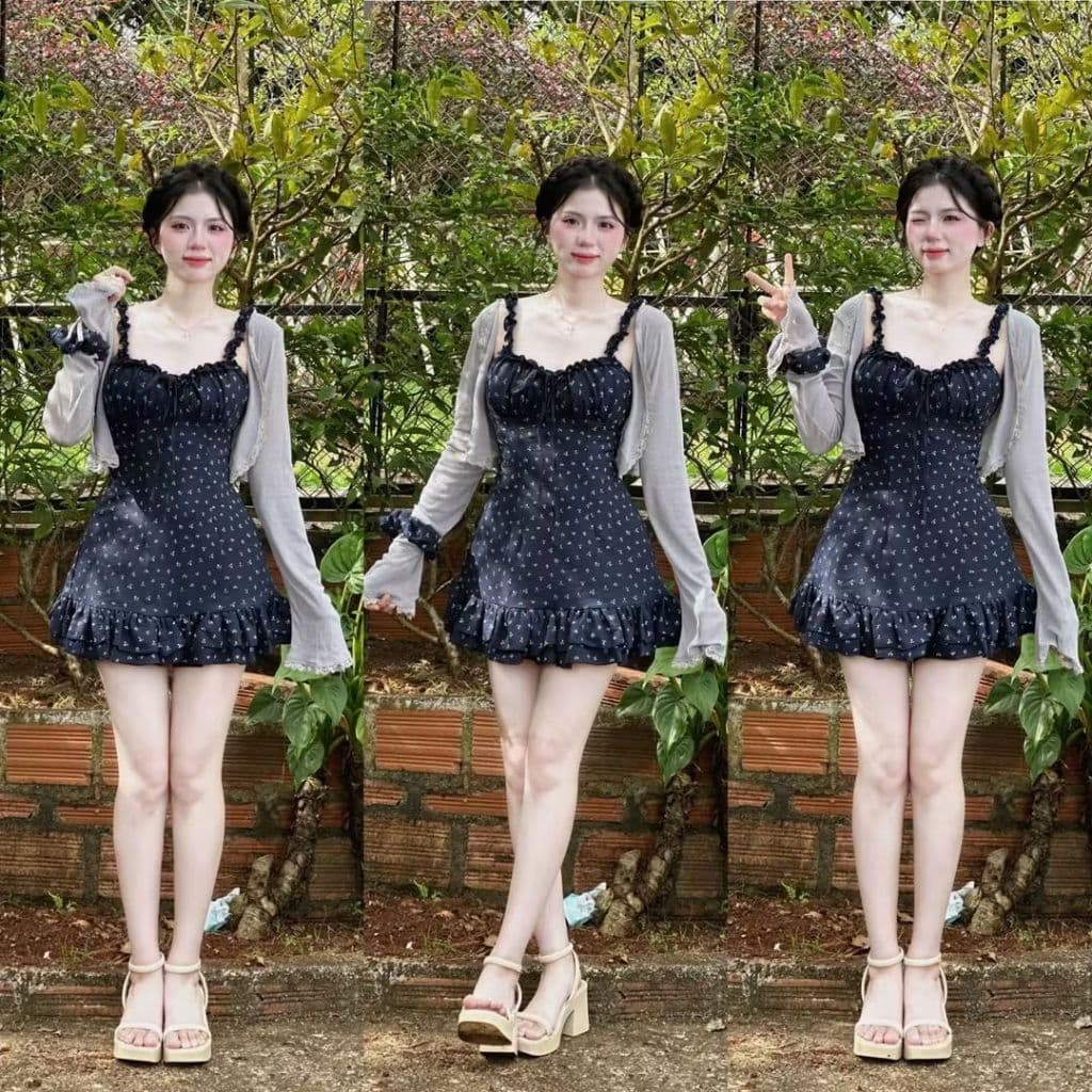 Đầm hoa kate lụa phom body 2 dây bèo kèm áo khoác ngoài