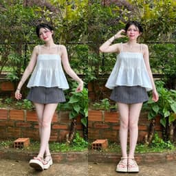 Set áo kiểu 2 dây cột cổ vuông dáng xoè nhẹ và chân váy kẻ sọc có lót 3