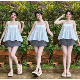 Set áo kiểu 2 dây cột cổ vuông dáng xoè nhẹ và chân váy kẻ sọc có lót 1