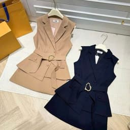 Set áo cổ vest tay sát nách phối dây nịt có khoen kèm chân váy ngắn có lót 3