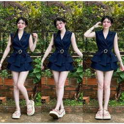 Set áo cổ vest tay sát nách phối dây nịt có khoen kèm chân váy ngắn có lót 1