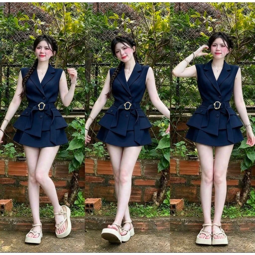 Set áo cổ vest tay sát nách phối dây nịt có khoen kèm chân váy ngắn có lót